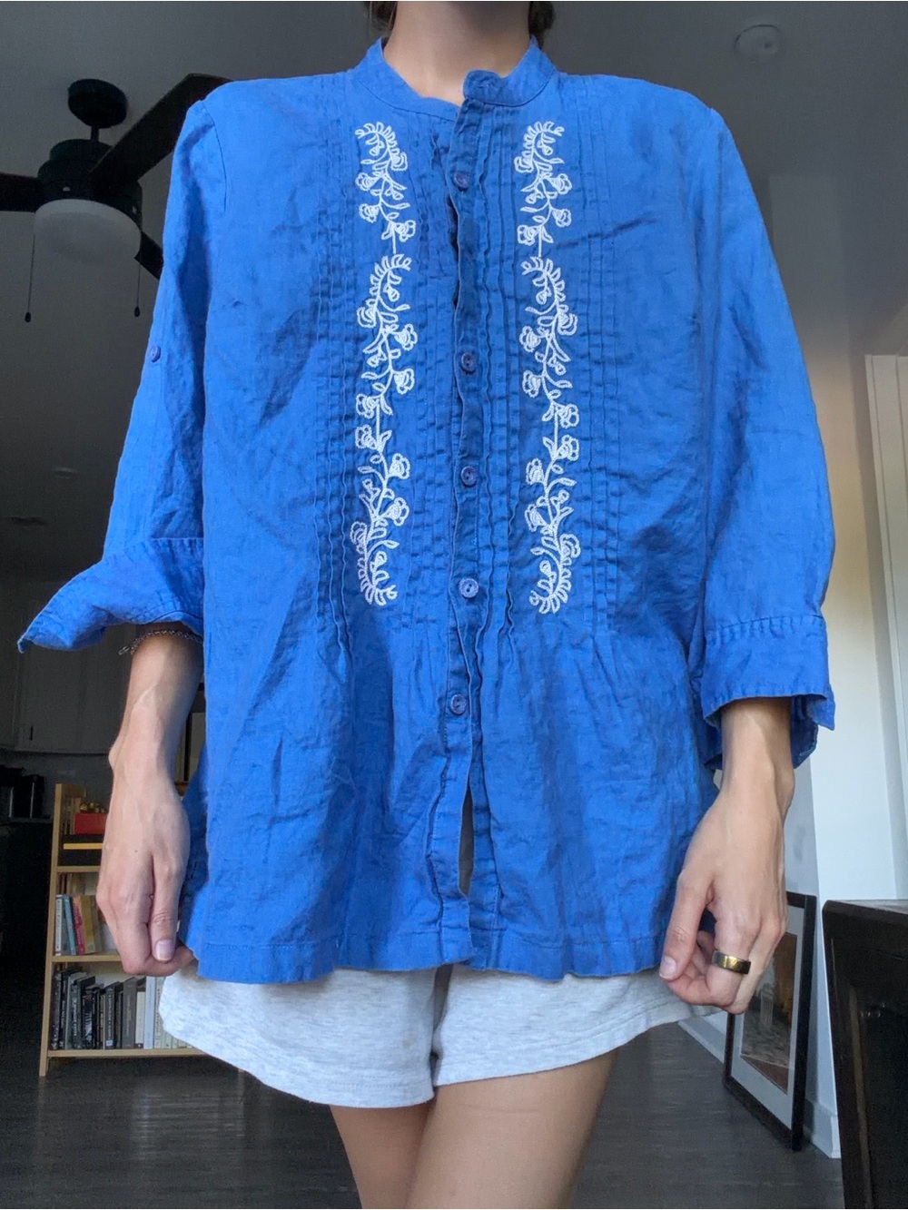 Blue Embroidered Linen Blouse